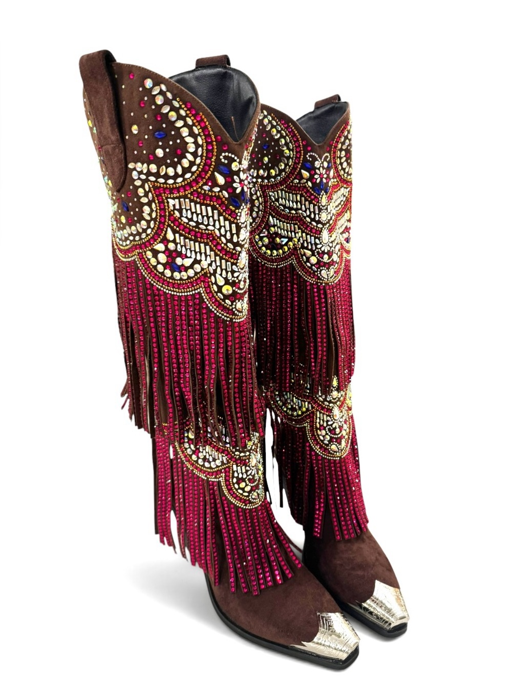 Embellished Burgundy and brown suede Fringe Western Boots